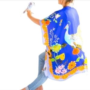 Margot Elena Peacock Kimono Asian India Duster Royal Blue *Read ONE SIZE